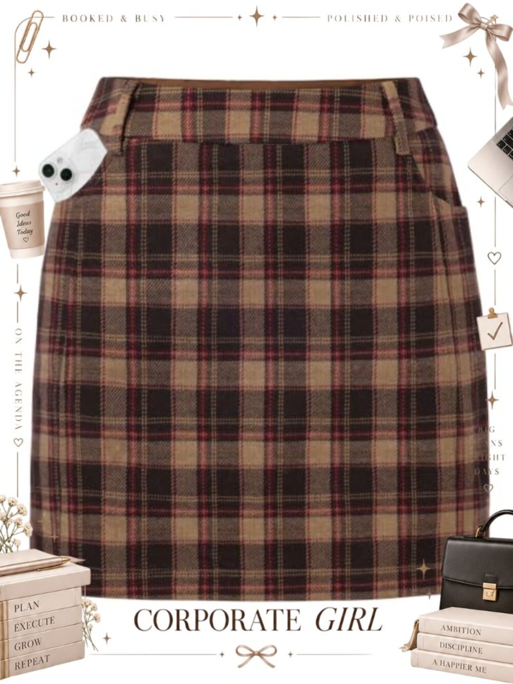 Plaid Mini Skort with Pockets High Waist Pencil Skirt